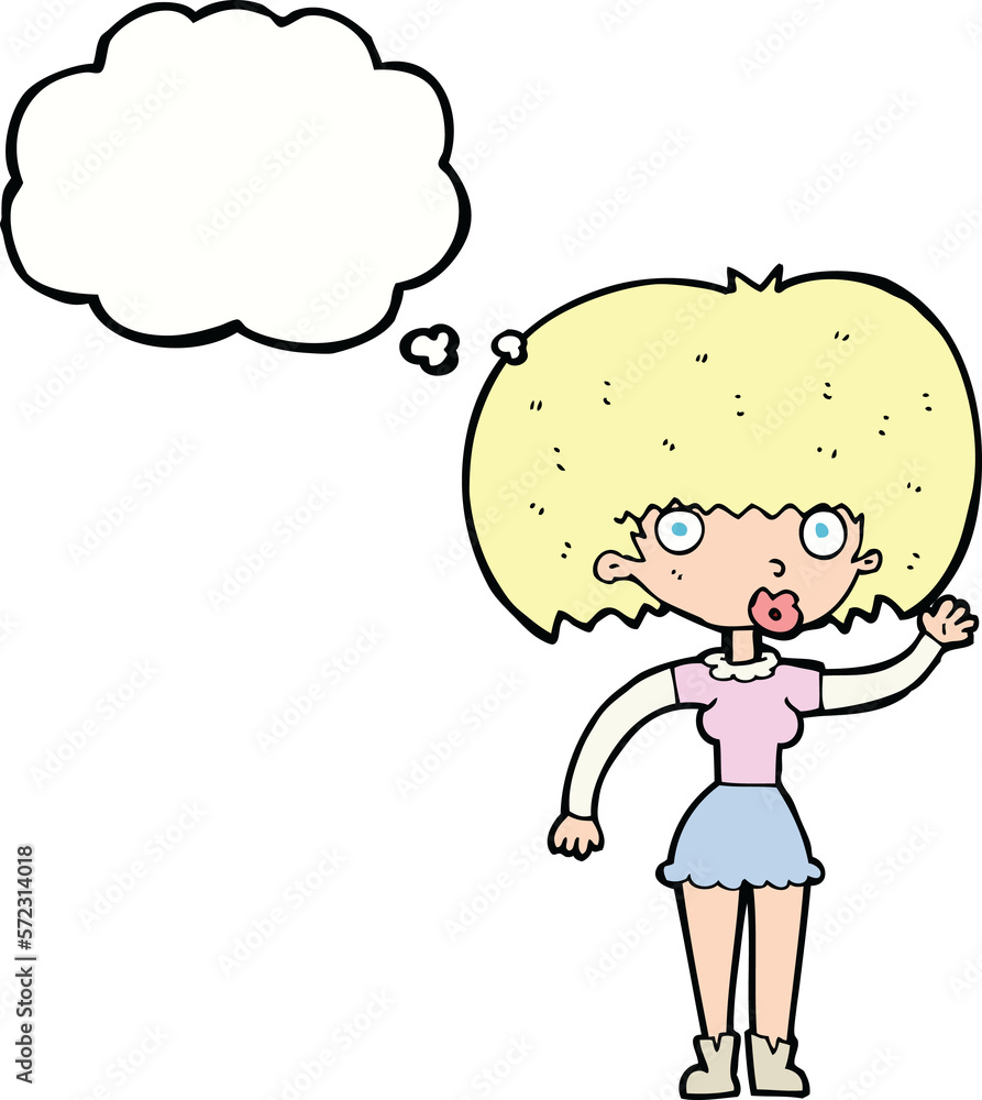 cartoon woman waving with thought bubble cartoon woman waving with thought bubble