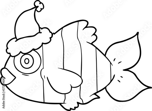 line drawing of a exotic fish wearing santa hat