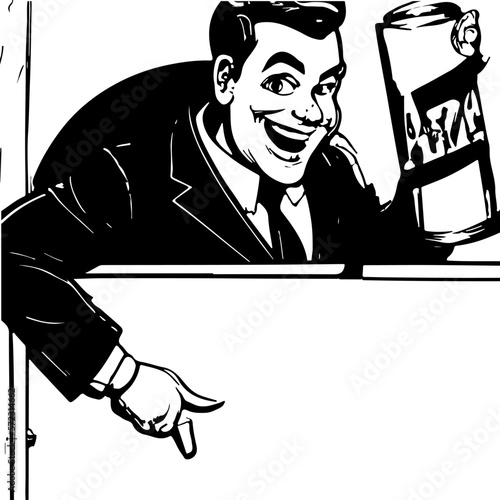 Vintage Advertising Man Pointing Down Black And White.