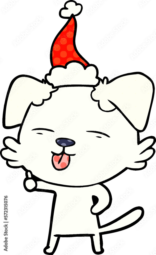 Fototapeta premium comic book style illustration of a dog sticking out tongue wearing santa hat
