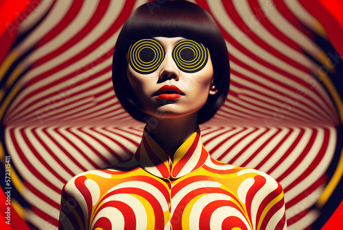 Generative ai optical art fashion portrait asian young woman posing looking camera