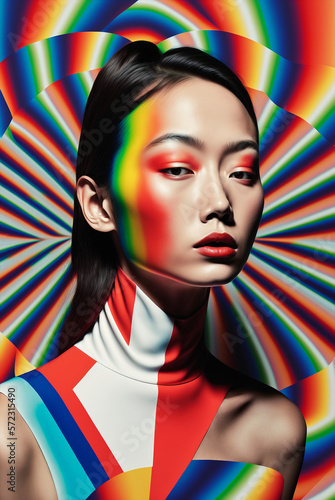 Generative ai optical art fashion portrait asian young woman posing looking camera © Eugenio Marongiu