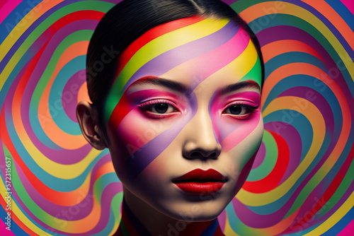 Generative ai optical art fashion portrait asian young woman posing looking camera