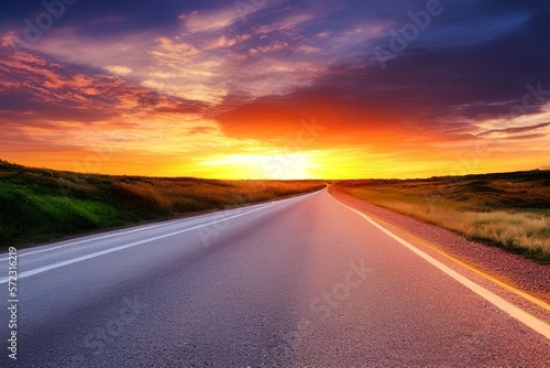 Summer landscape on the highway. Highway landscape at colorful sunset. Road view on the beach in summer. Colorful seascape with beautiful road - generative ai © unalcreative