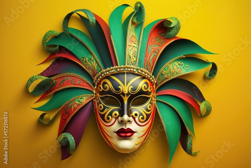 A festive, colorful mardi gras or carnivale mask on a yellow background. Venetian masks