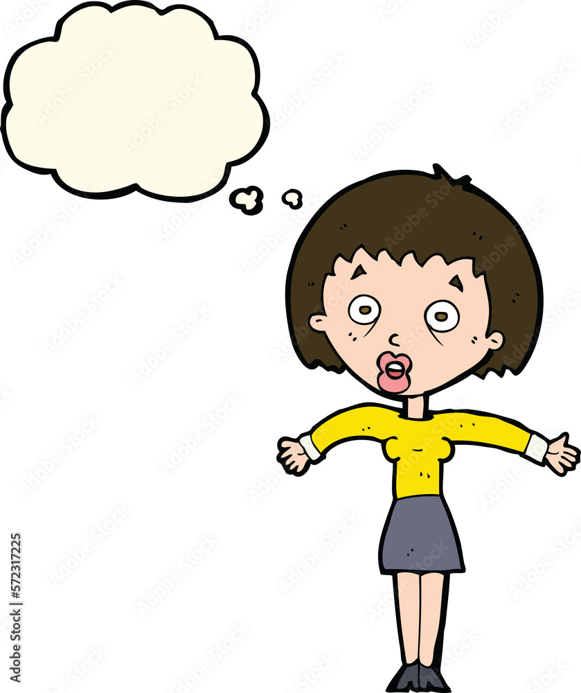 cartoon woman shrugging shoulders with thought bubble cartoon woman shrugging shoulders with thought bubble