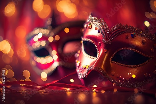 Carnival Party - Venetian Masks On Red Glitter With Shiny Streamers On Abstract Defocused Bokeh Lights