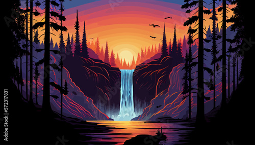 Sunset waterfall landscape illustration vector graphic	