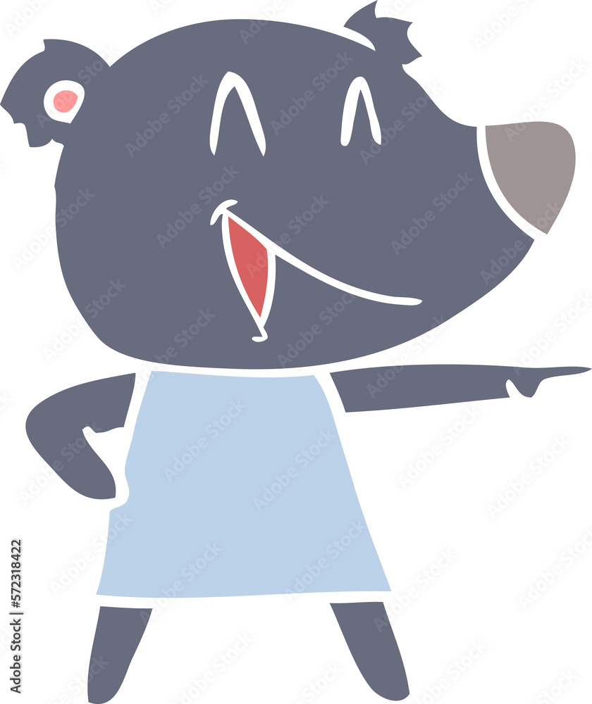 flat color style cartoon bear in dress laughing and pointing