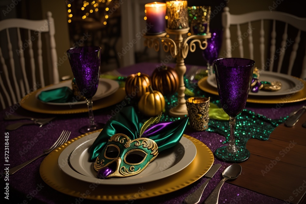 Table decorated for Mardi Gras party Table decorated for Mardi Gras party