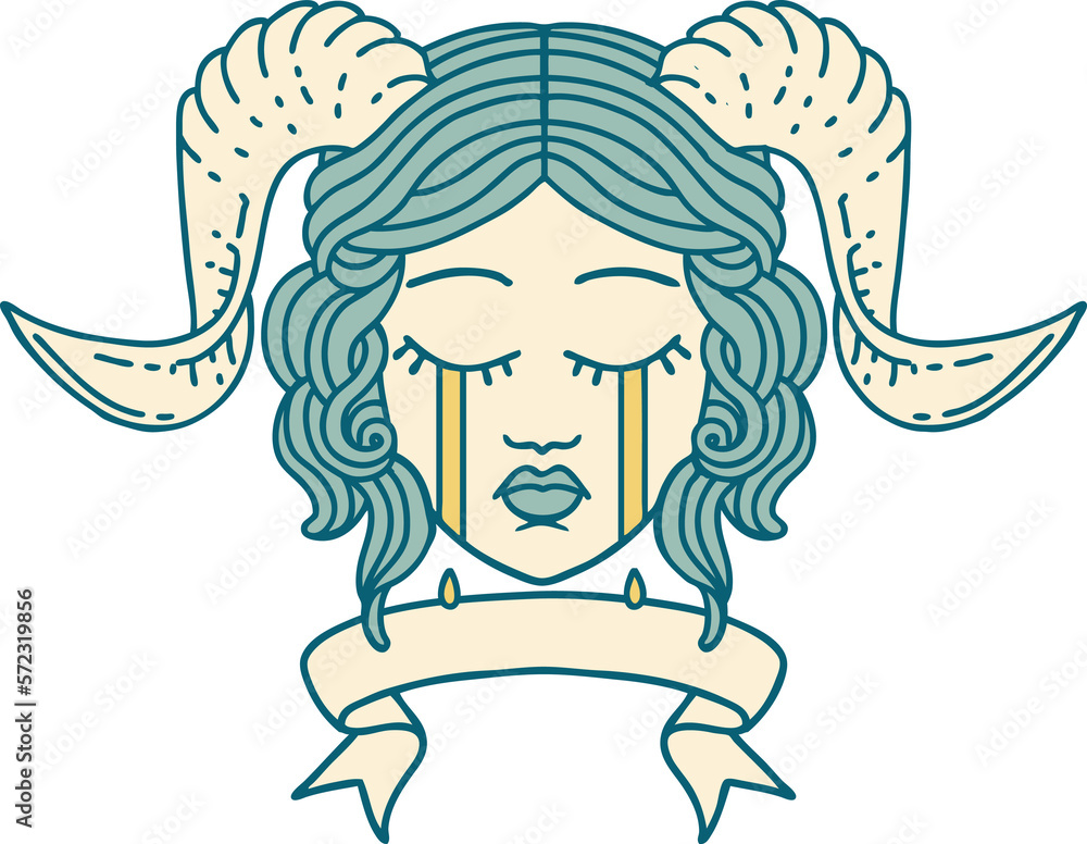 crying tiefling with scroll banner illustration crying tiefling with scroll banner illustration