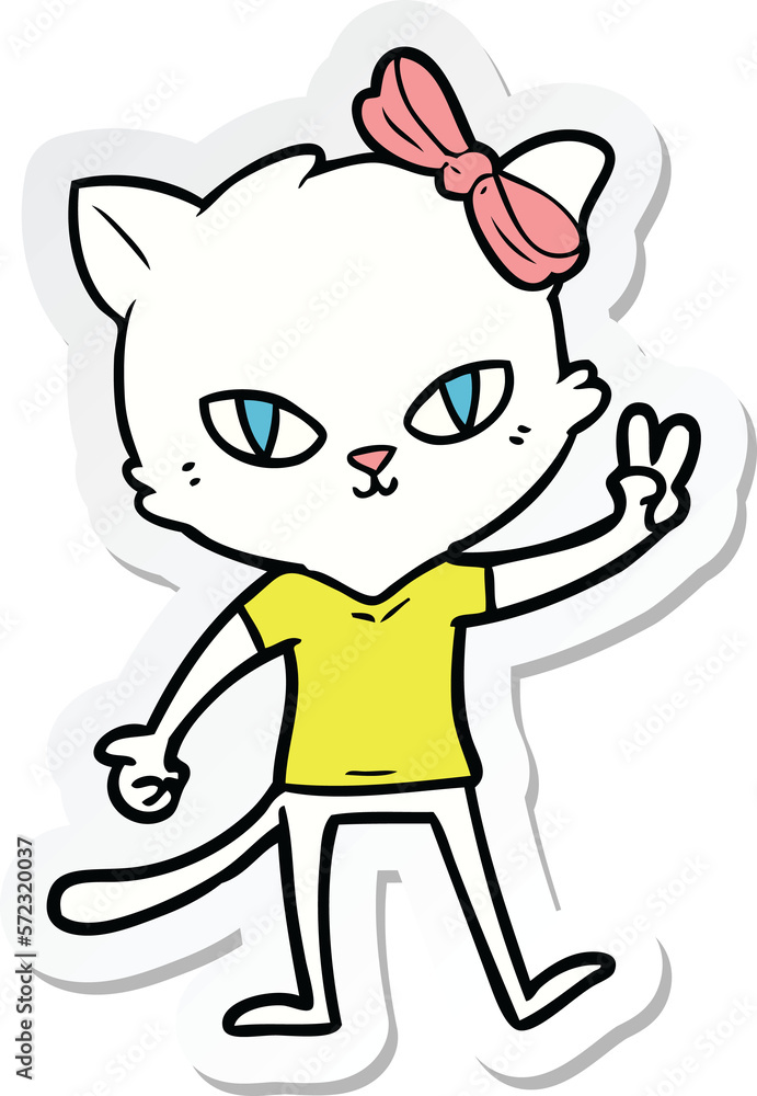 sticker of a cute cartoon cat girl giving peace sign