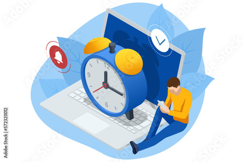 Isometric time management and business planning. Time is money. Deadline. Deadline concept of overworked man Time to work Time management project plan schedule.