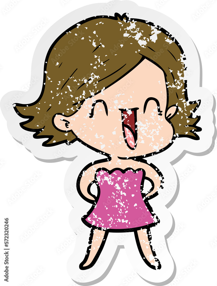distressed sticker of a cartoon happy woman distressed sticker of a cartoon happy woman