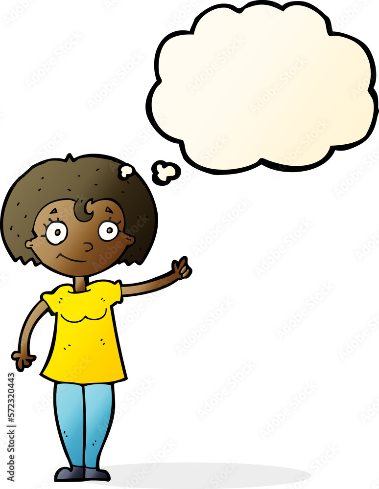 cartoon happy woman pointing with thought bubble cartoon happy woman pointing with thought bubble