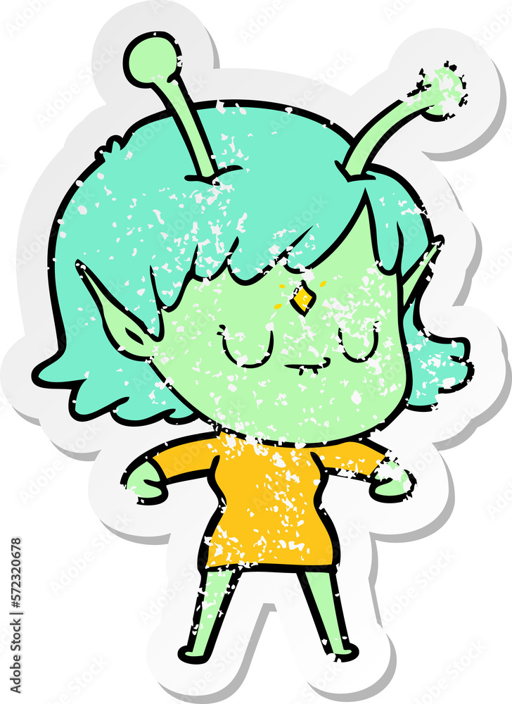distressed sticker of a cartoon alien girl distressed sticker of a cartoon alien girl
