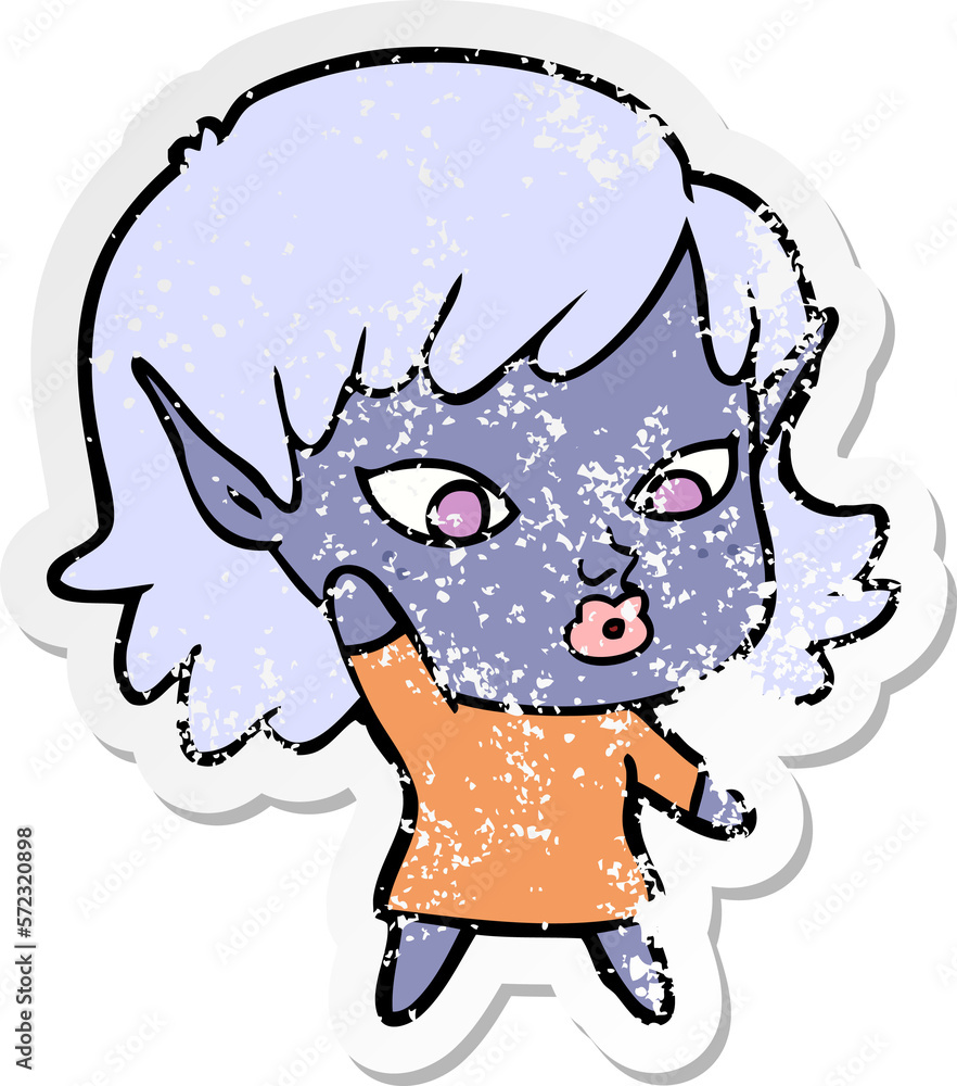 distressed sticker of a pretty cartoon elf girl distressed sticker of a pretty cartoon elf girl