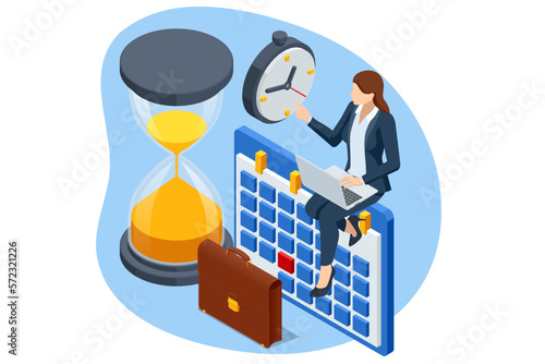 Isometric time management and business planning. Time is money. Deadline. Deadline concept of overworked woman, Time to work, Time management project plan schedule.