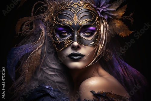 Beautiful Woman in Mardi Gras Mask and Makeup