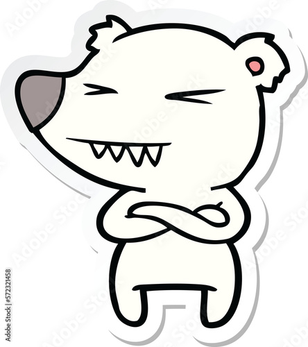 sticker of a angry polar bear cartoon with folded arms