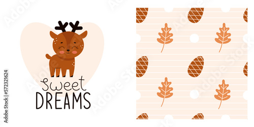Cute baby print for pajamas or bedding. Forest animals for printing on fabric. Lettering for children  sweet dreams. Adorable deer. Vector illustration