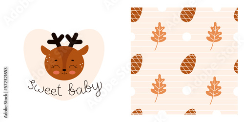 Cute baby print for pajamas or bedding. Forest animals for printing on fabric. Lettering for children, sweet dreams. Adorable deer. Vector illustration