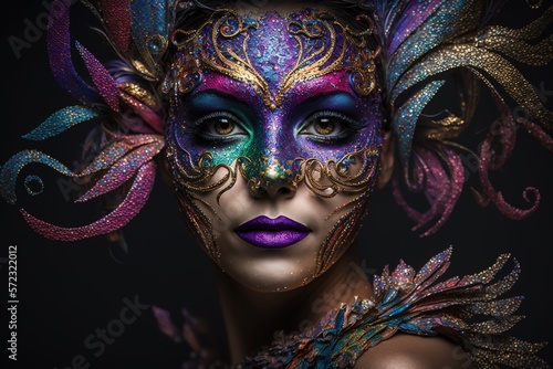 Beautiful Woman in Mardi Gras Mask and Makeup