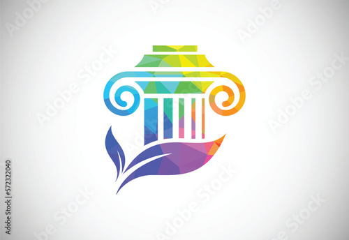 Low poly style law pillar logo design pillar law office vector logo template. Geometric triangle shapes