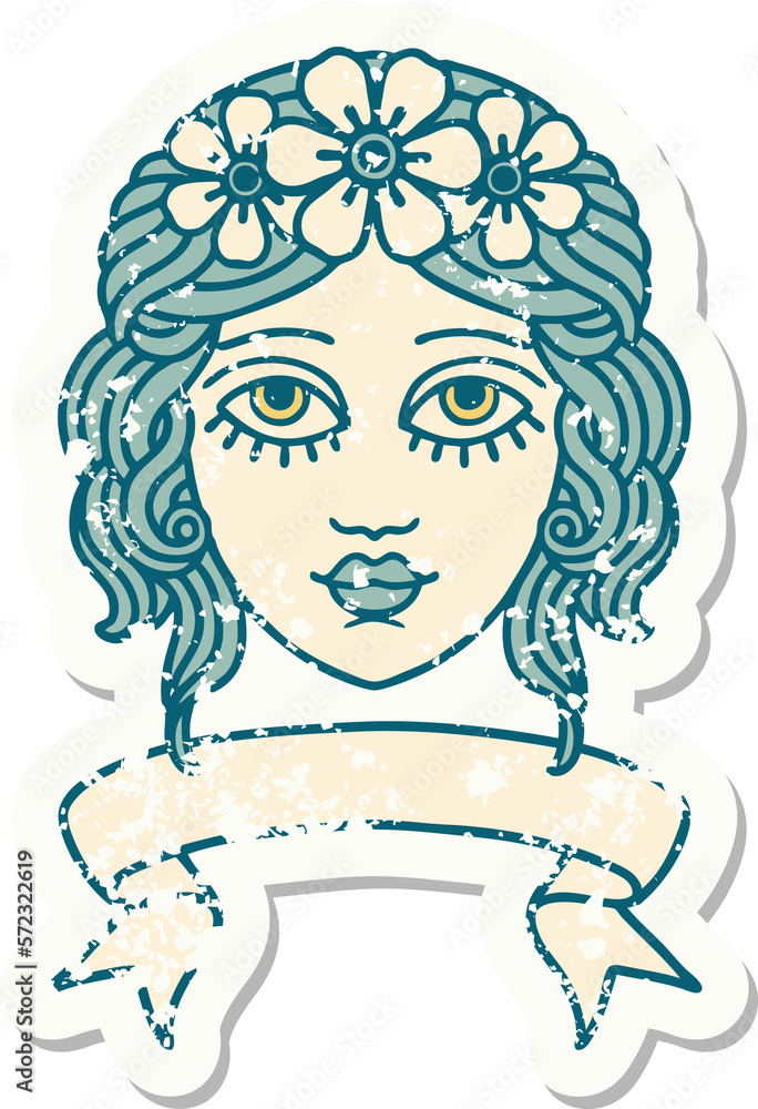 grunge sticker with banner of female face with crown of flowers grunge sticker with banner of female face with crown of flowers