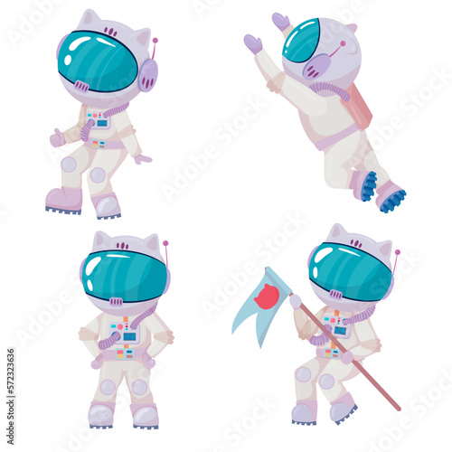 Cosmonaut in different poses. Astronaut in intergalactic space. galaxy. astronauts in space suits with helmets isolated on white background in cartoon style