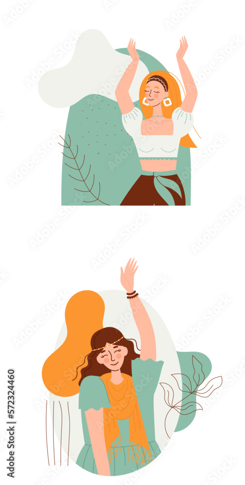 Women in boho outfit on abstract background. Modern boho collection with boho outfits for clothes design. Summer style. Hippie style. Elegant, modern style. Women in boho outfit on abstract background. Modern boho collection with boho outfits for clothes design. Summer style. Hippie style. Elegant, modern style.