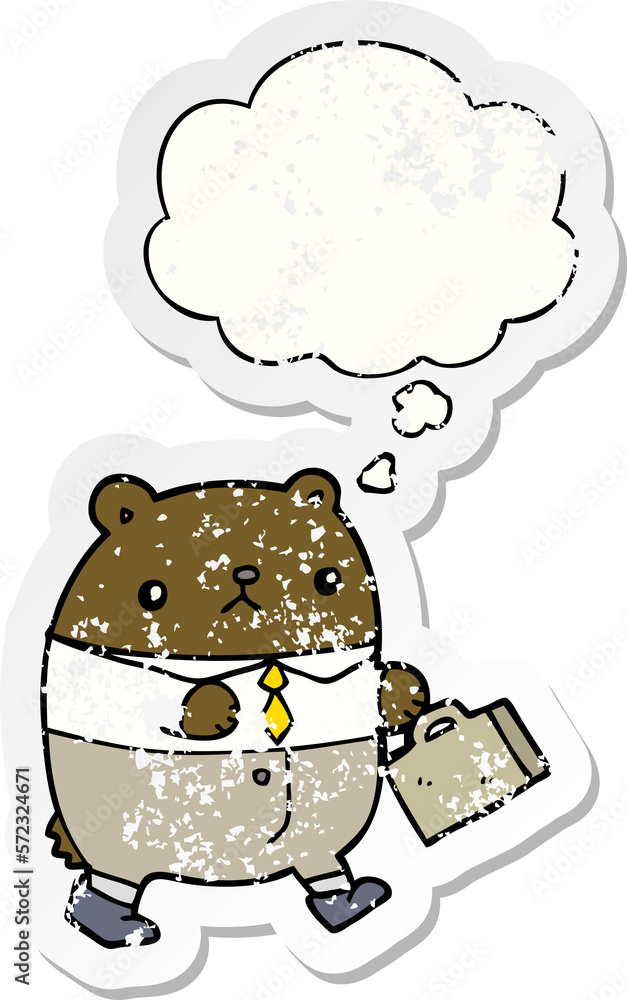 cartoon bear in work clothes and thought bubble as a distressed worn sticker cartoon bear in work clothes and thought bubble as a distressed worn sticker