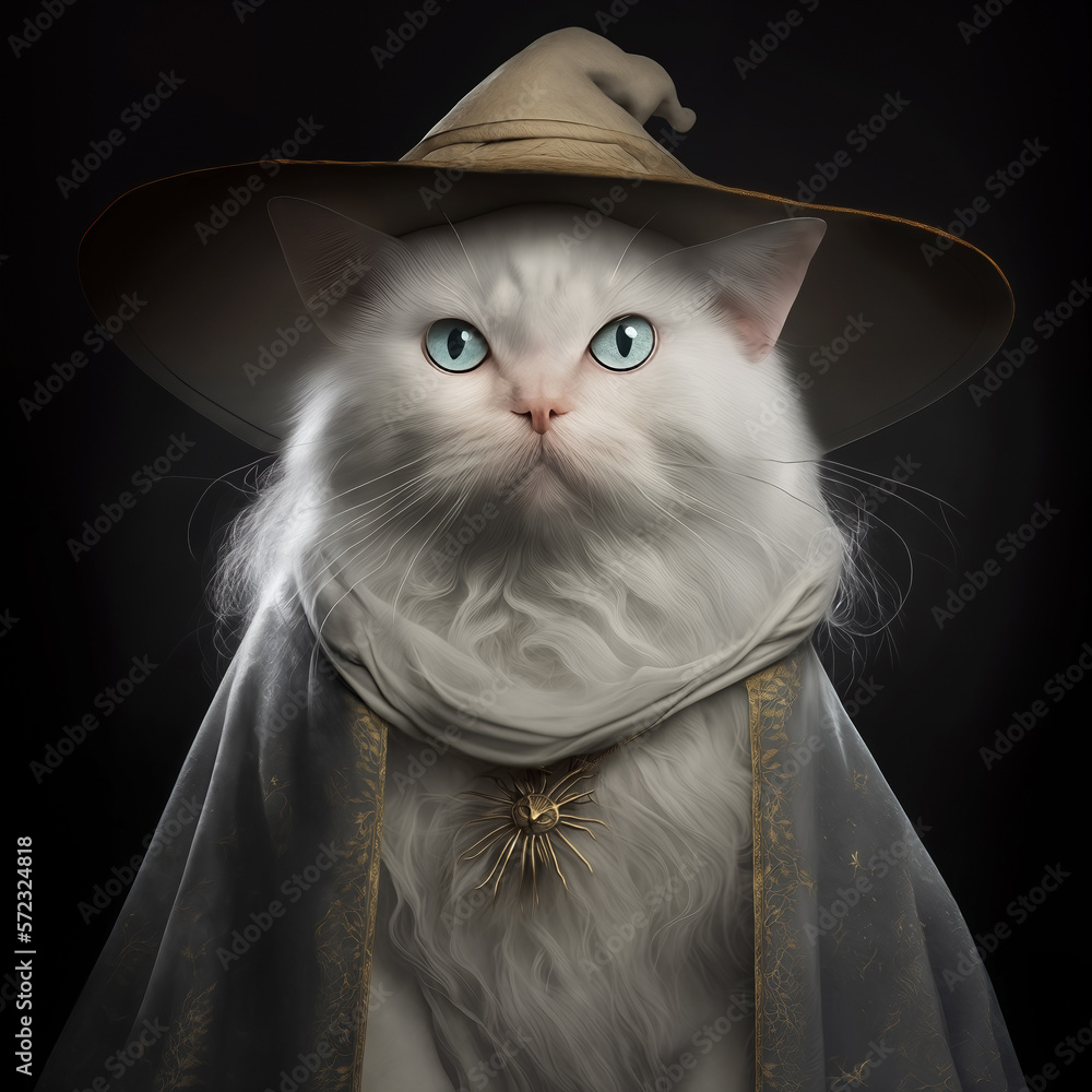 Illustration of a long haired white cat dressed as a wizard wearing pointed wide brimmed hat and cloak in a dark background. Generative AI