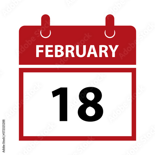 February 18. Vector flat daily calendar icon. Date and time, day, month for birthday, anniversary, appointment, remainder or event. Holiday.