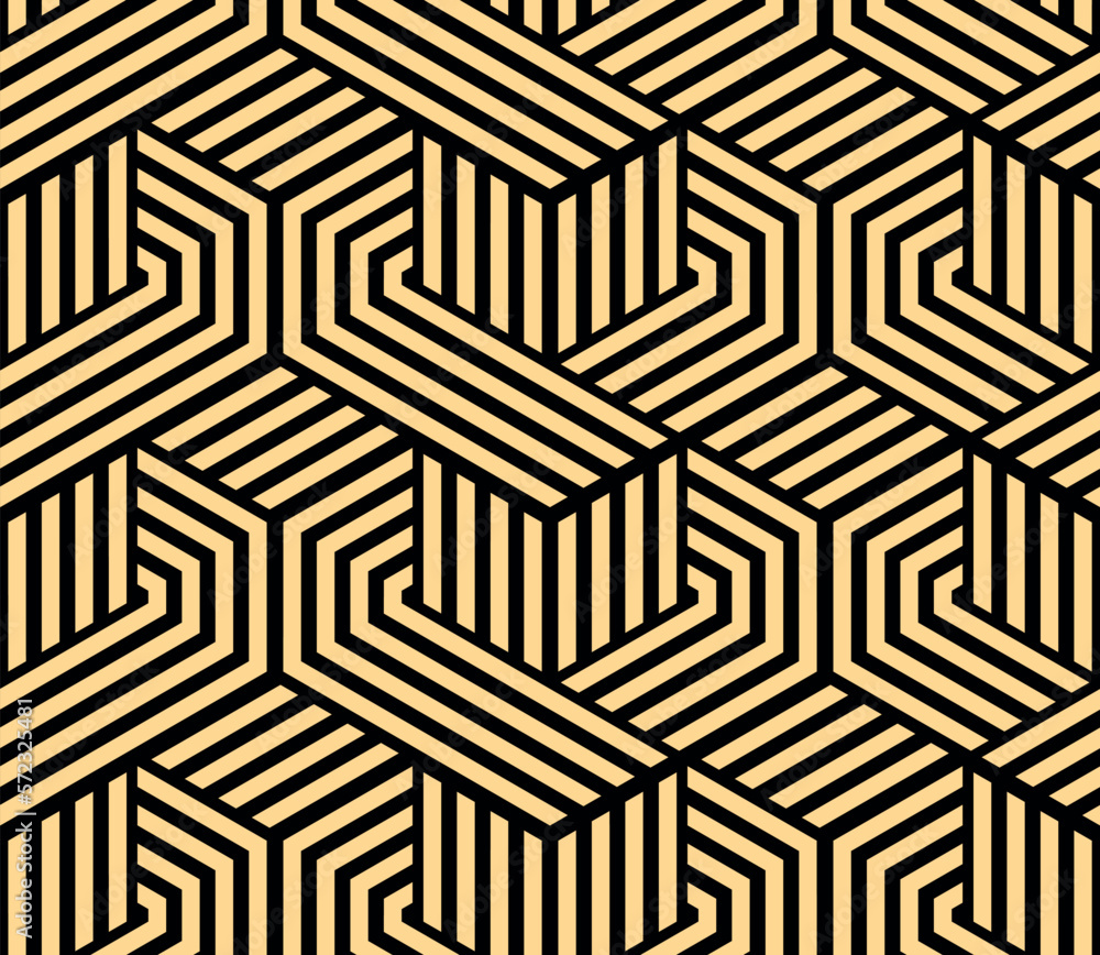 Abstract geometric pattern with stripes, lines. Seamless vector background. Gold and black ornament. Simple lattice graphic design Abstract geometric pattern with stripes, lines. Seamless vector background. Gold and black ornament. Simple lattice graphic design