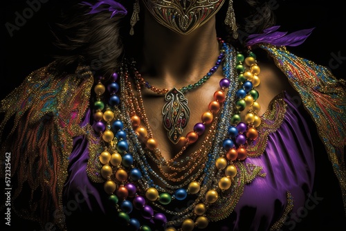 Multi colored mardi gras beads over a woman's chest