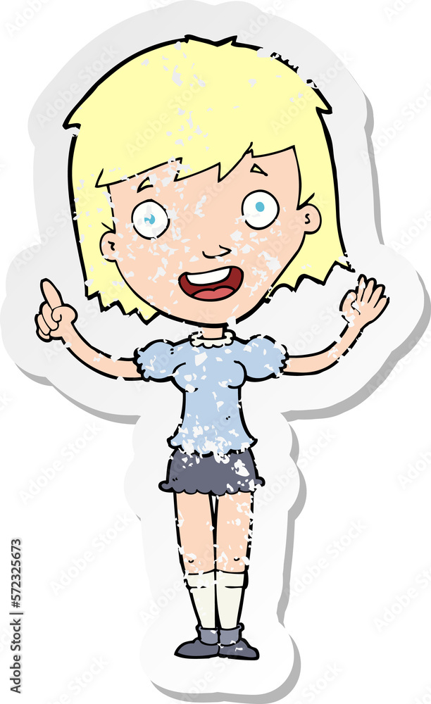 retro distressed sticker of a cartoon woman pointing retro distressed sticker of a cartoon woman pointing