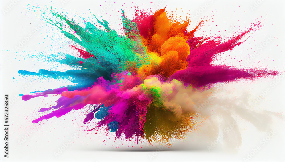 Mix rainbow splash on isolated white background, Colorful paint splashes, Colored powder explosion