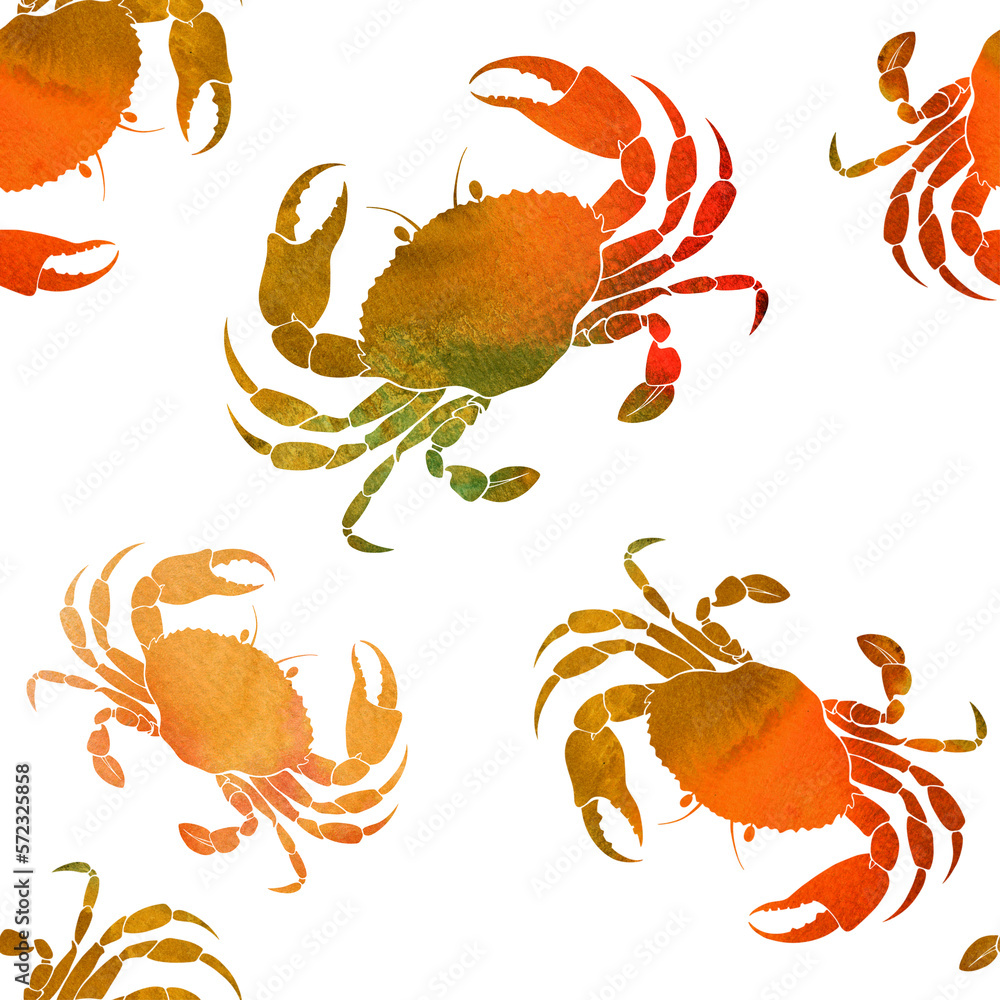 Seamless pattern with watercolor crabs on white background. Hand drawn ...