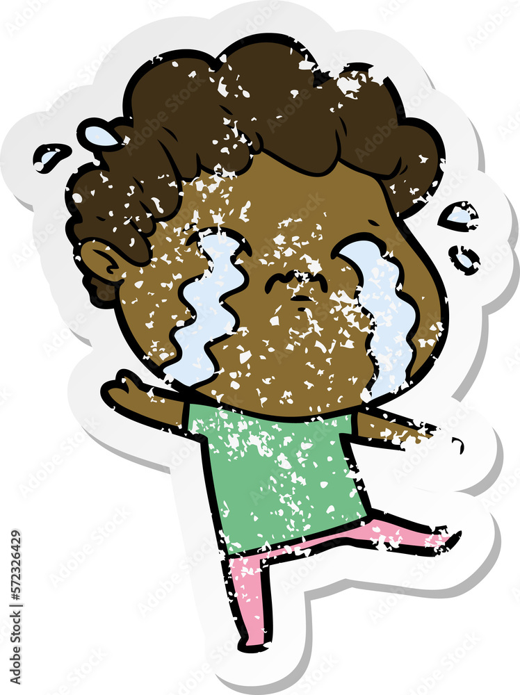 distressed sticker of a cartoon man crying distressed sticker of a cartoon man crying