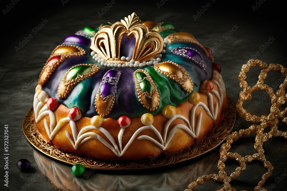 King cake stock photo Mardi Gras, Epiphany Cake, New Orleans, Bead, Dessert - Sweet Food