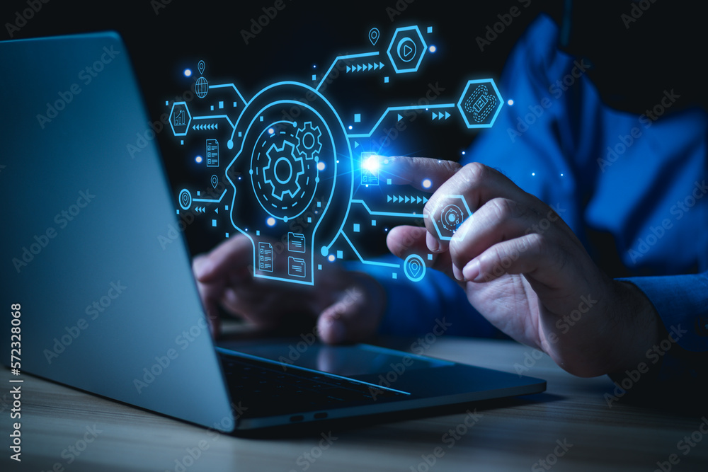 ChatGPT Chat with AI or Artificial Intelligence. businessman chatting with a smart AI or artificial intelligence using command prompt for generates something, Futuristic technology transformation. ChatGPT Chat with AI or Artificial Intelligence. businessman chatting with a smart AI or artificial intelligence using command prompt for generates something, Futuristic technology transformation.