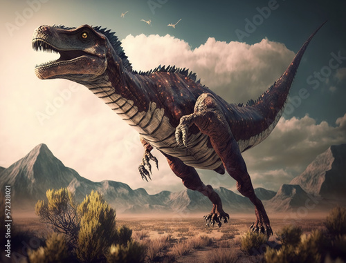 Tyrannosaurus dinosaur 3d render A Dinosaur in sight of a desert hunting in the sky enjoying nature, a hot Atmosphere, light clouds and a high mountain, Children's Story, blur, 4K, AI © aqib