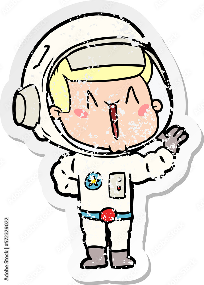 distressed sticker of a singing cartoon astronaut