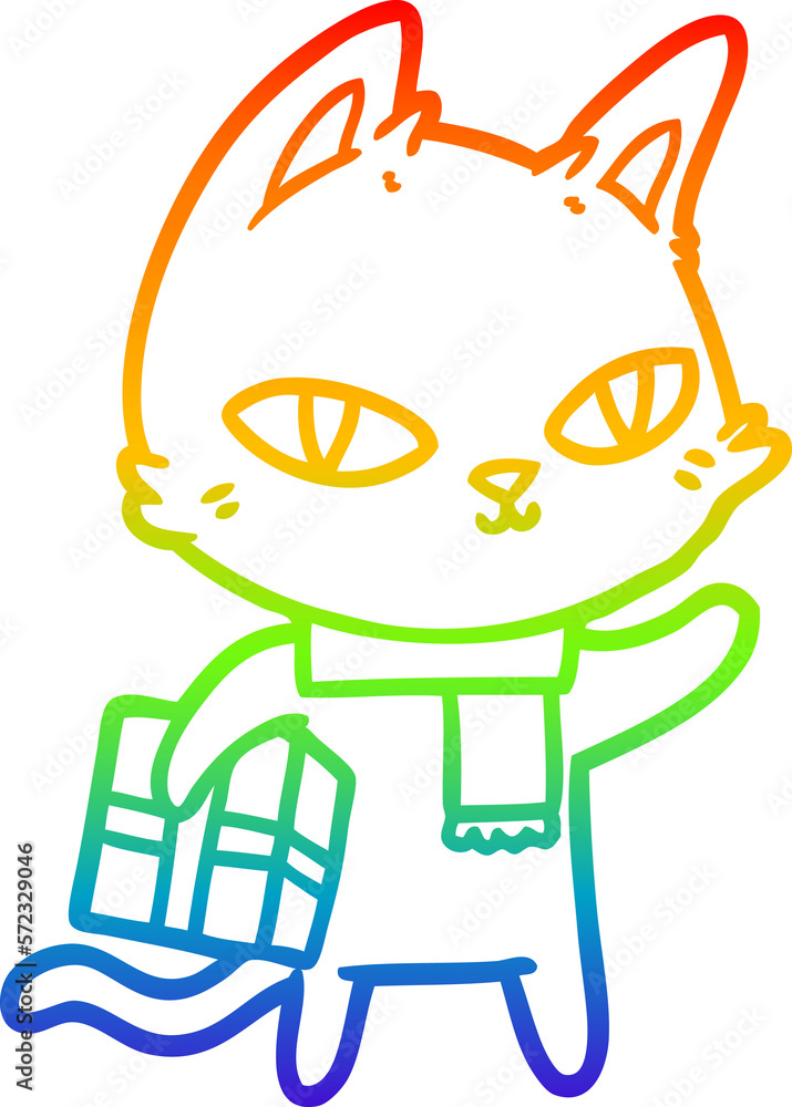 rainbow gradient line drawing cartoon cat with gift rainbow gradient line drawing cartoon cat with gift