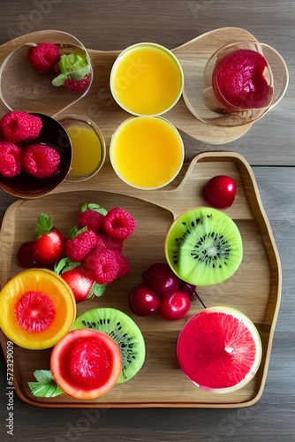Wooden tray with glasses of different juices and fresh fruit on the table - generative ai