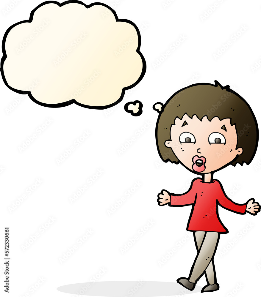 cartoon woman shrugging shoulders with thought bubble cartoon woman shrugging shoulders with thought bubble