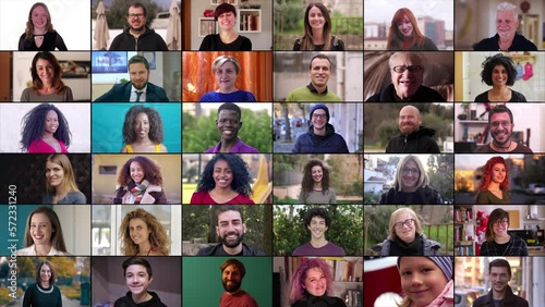 multiscreen of women and men looking at the camera smiling - joyful, carefree