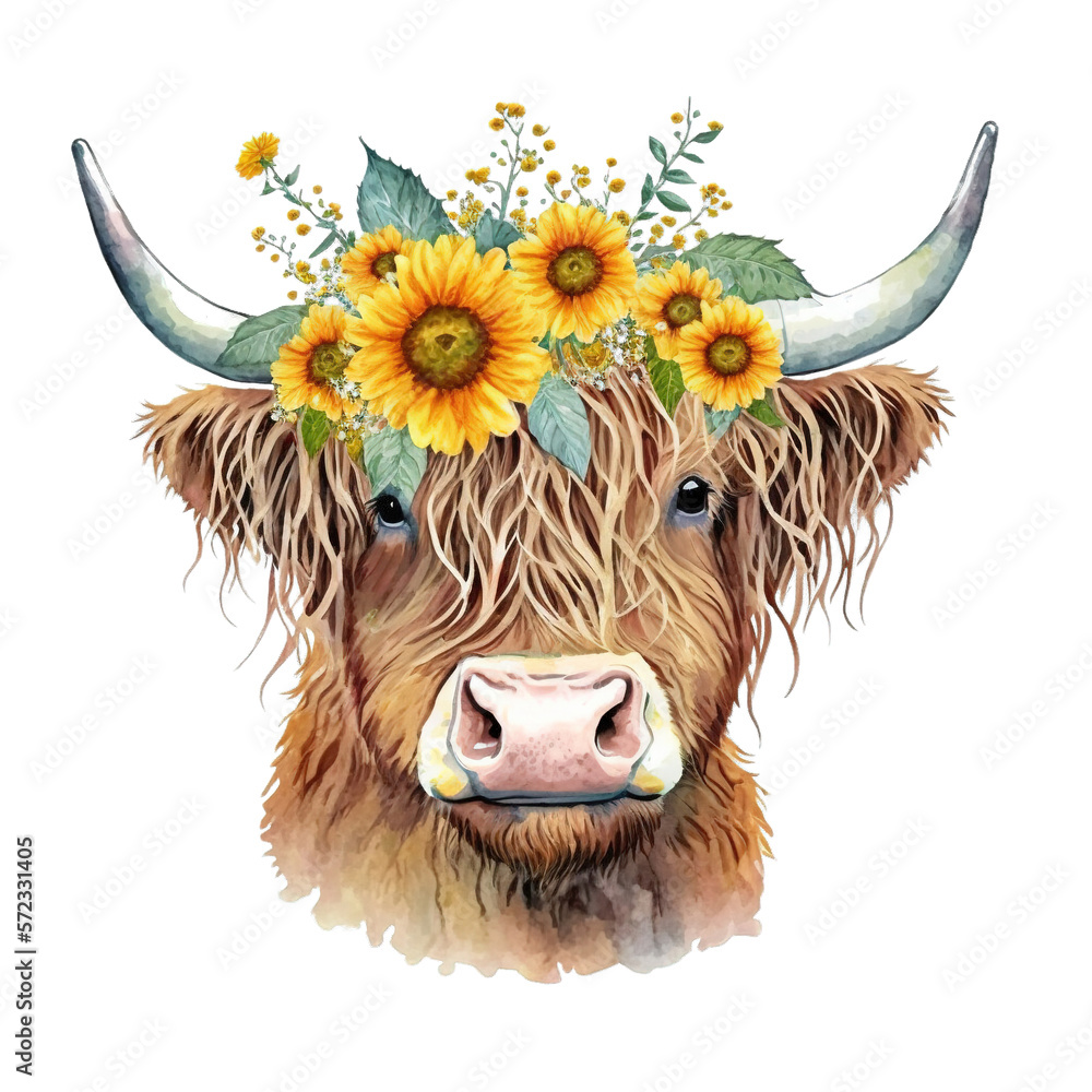 Sunflowers Cow Head Clipart , Beautiful Flowers on highland Cows