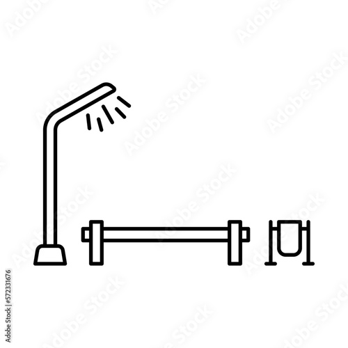 Street lamp, bench, urn icon. Black contour linear silhouette. Front side view. Editable strokes. Vector simple flat graphic illustration. Isolated object on a white background. Isolate.